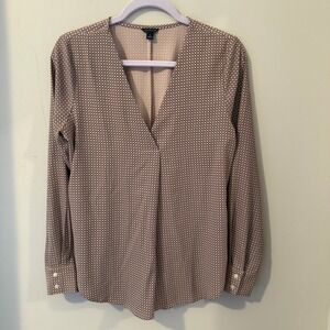 Ann Taylor Womens Small Blouse Long Sleeve‎ V Neck Pink Black Circle Print
